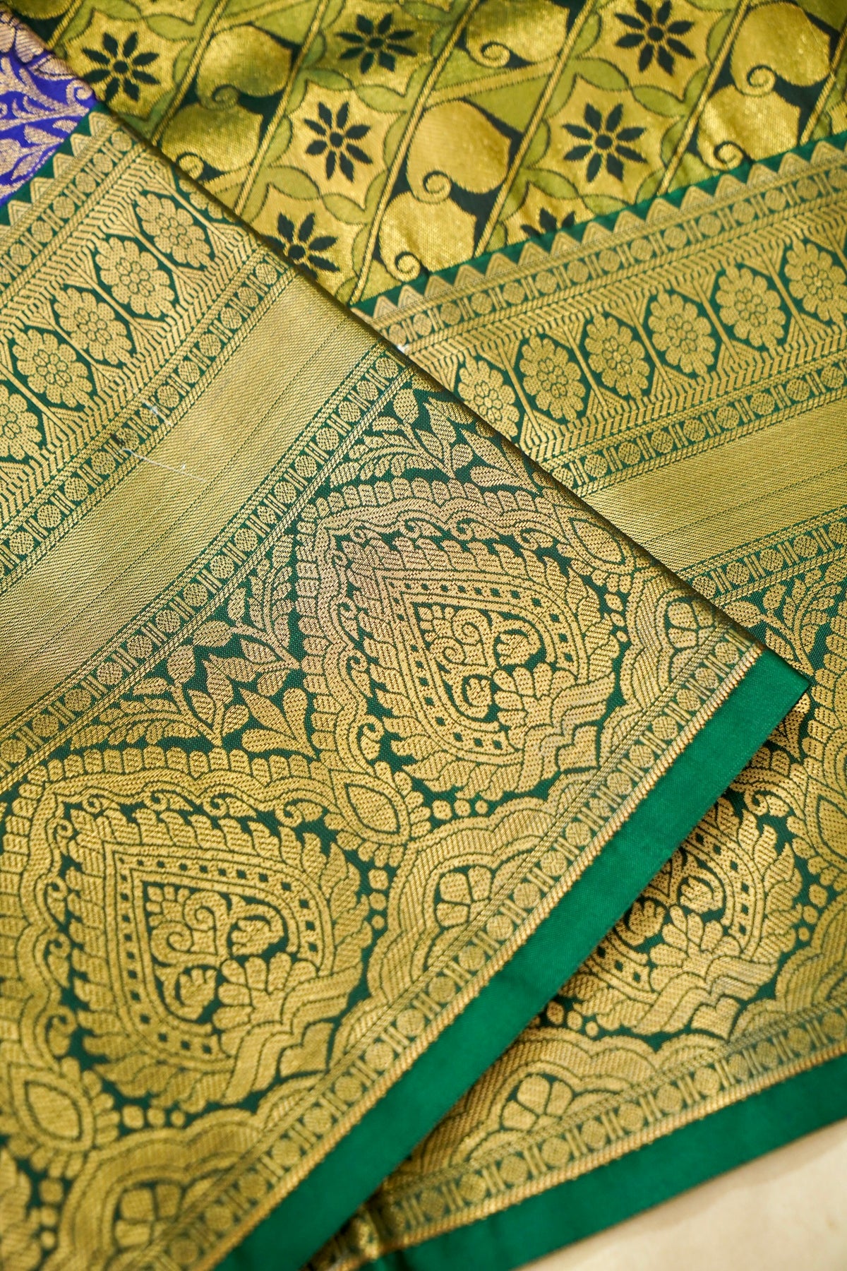 Devyani - Royal Blue Kanchi Pattu Silk Saree with Emerald Green Border
