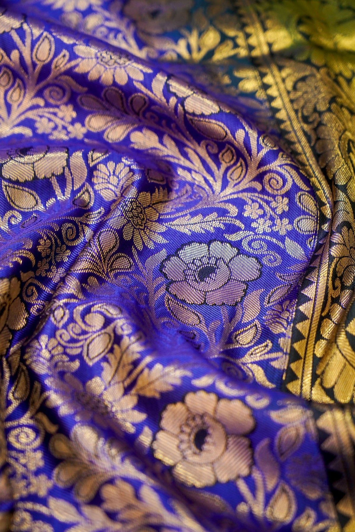 Devyani - Royal Blue Kanchi Pattu Silk Saree with Emerald Green Border