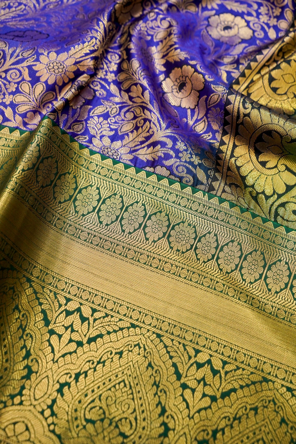 Devyani - Royal Blue Kanchi Pattu Silk Saree with Emerald Green Border