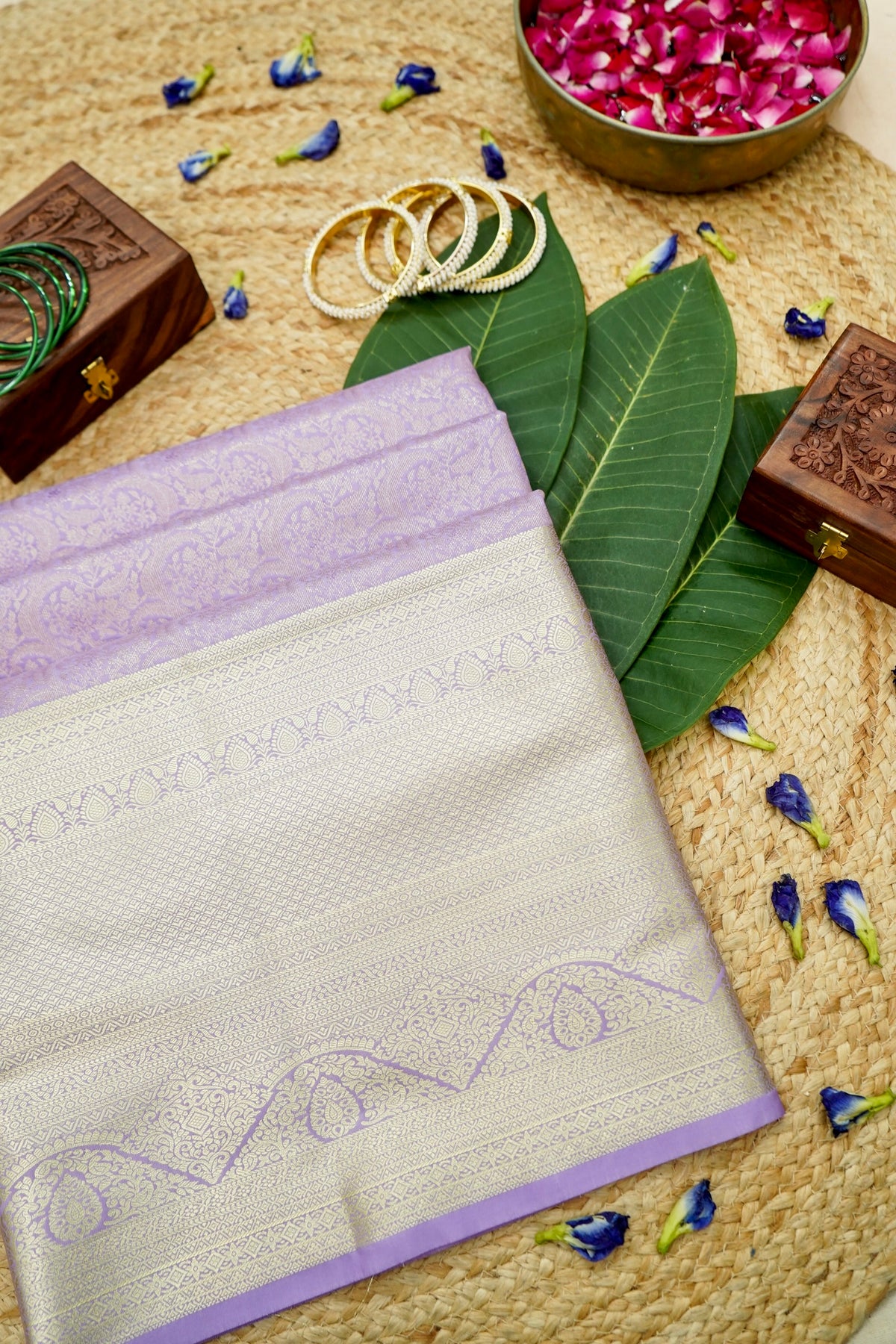 Devyani - Lavender Kanchi Pattu Silk Saree with Champagne Border
