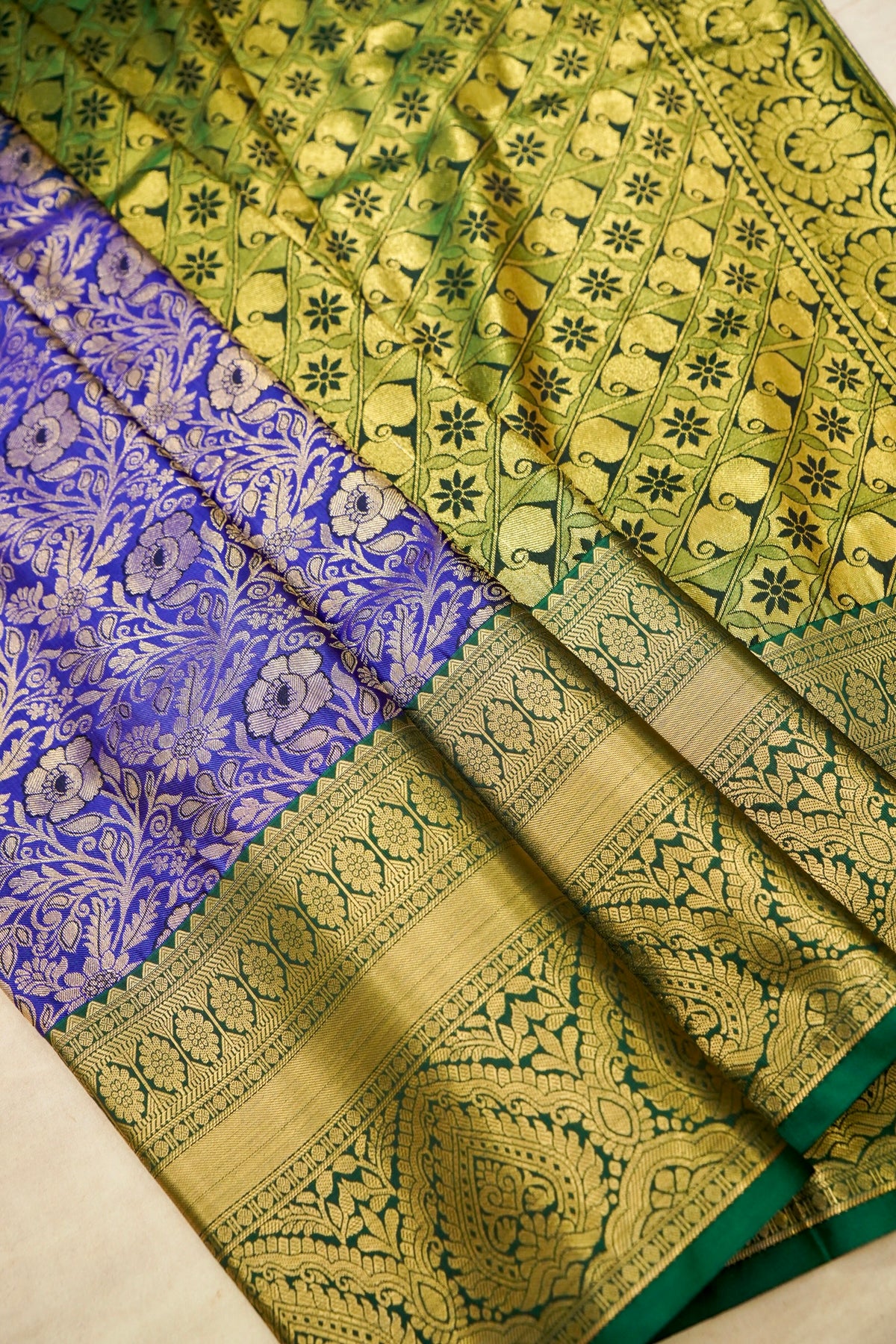 Devyani - Royal Blue Kanchi Pattu Silk Saree with Emerald Green Border