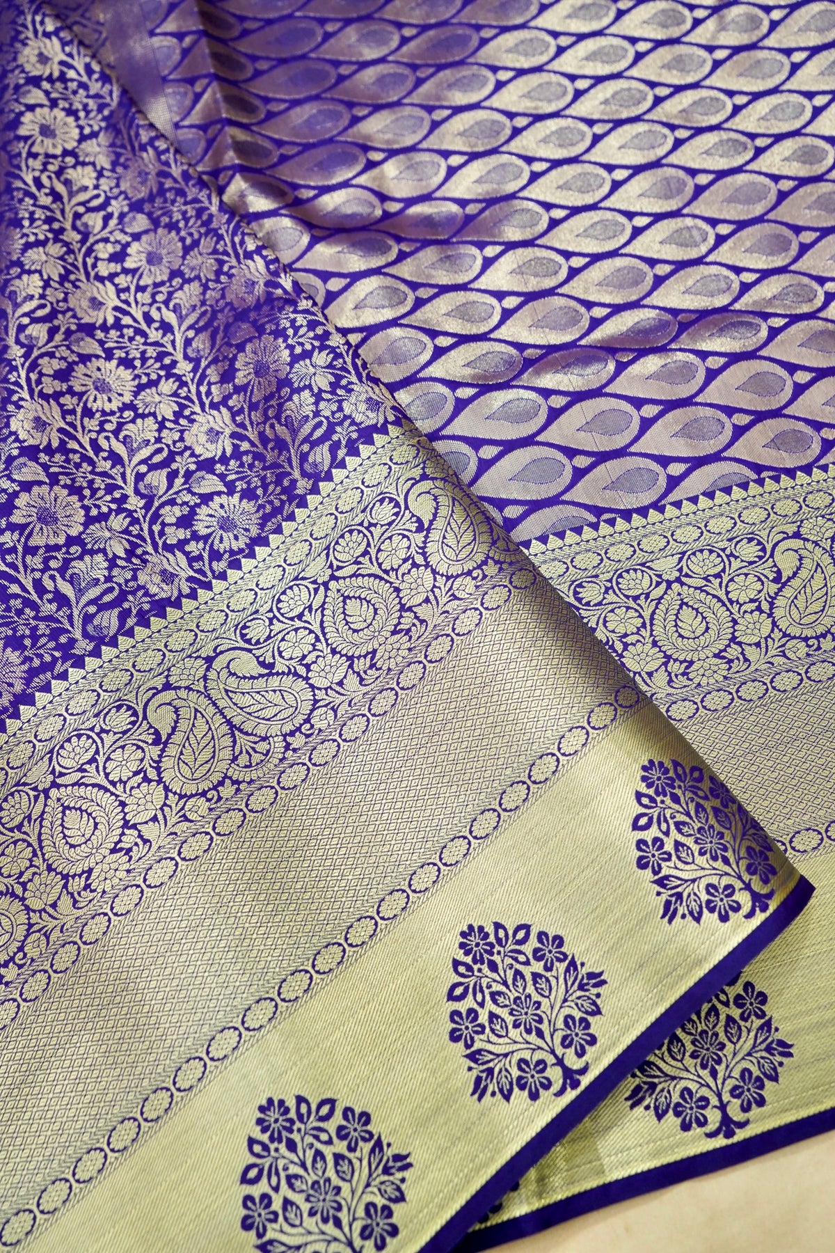 Devyani - Violet Kanchi Pattu Silk Saree with Antique Gold Border