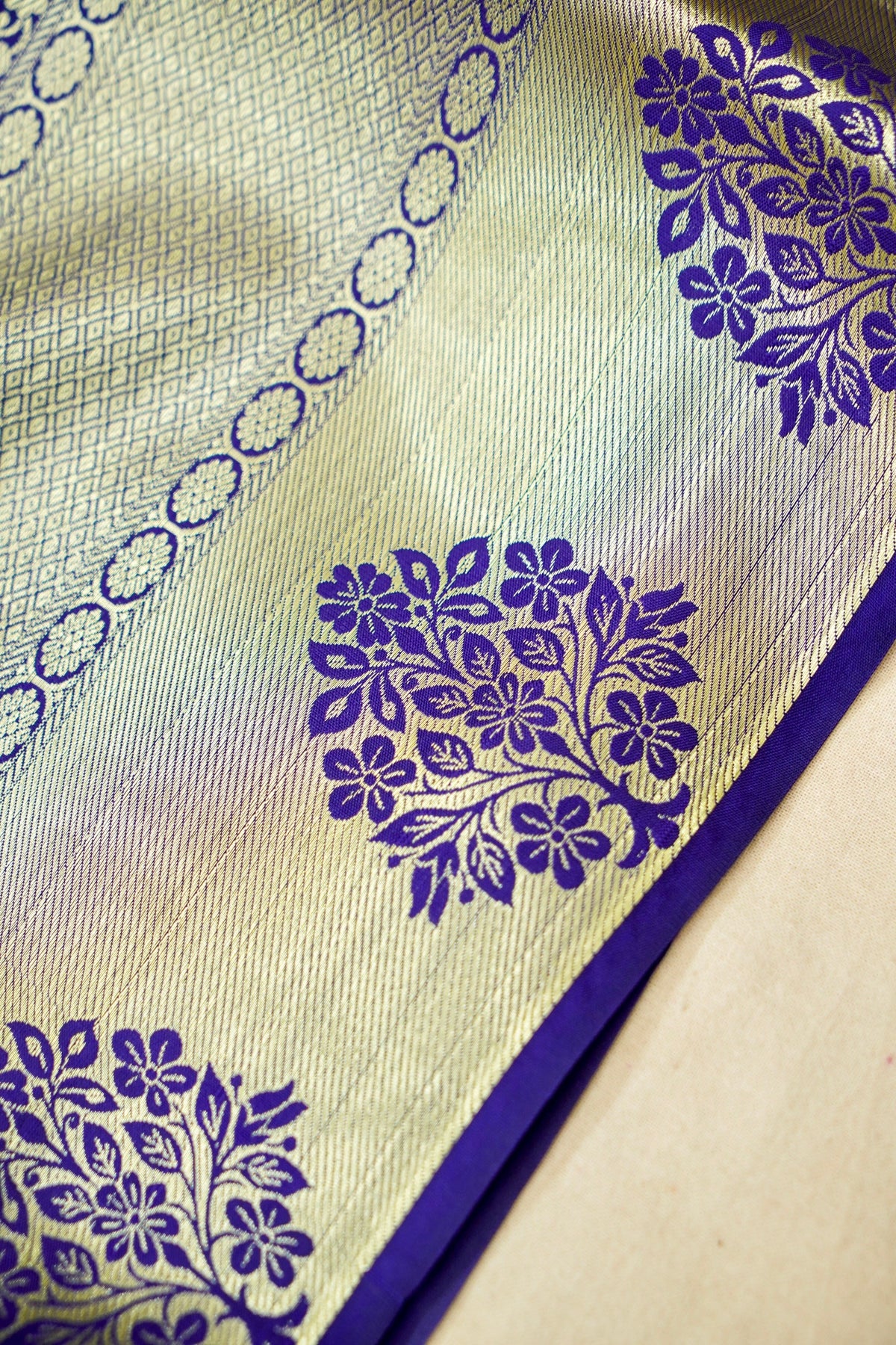 Devyani - Violet Kanchi Pattu Silk Saree with Antique Gold Border