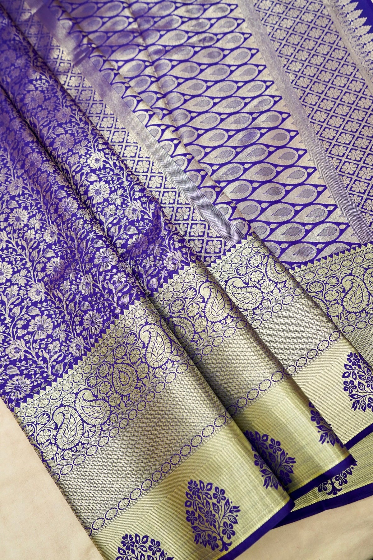 Devyani - Violet Kanchi Pattu Silk Saree with Antique Gold Border
