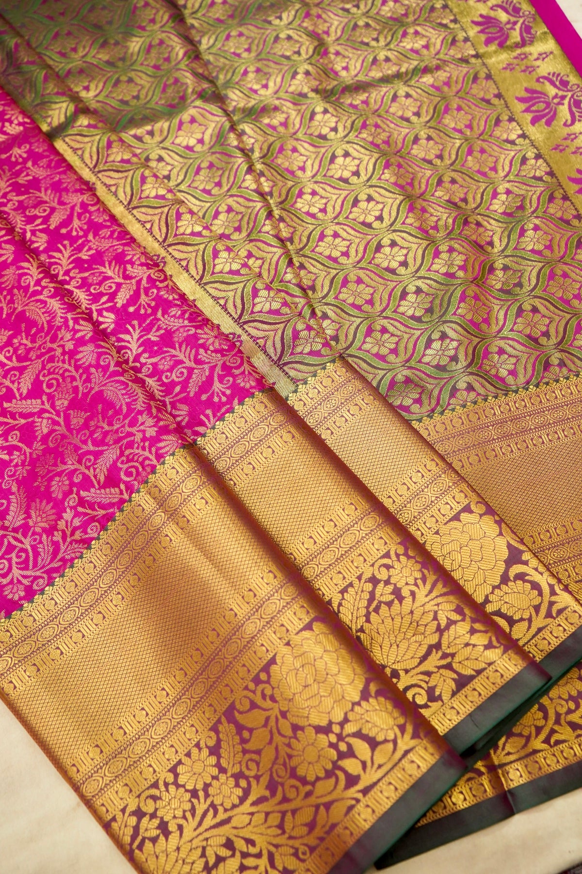 Devyani - Hot Pink Kanchi Pattu Silk Saree with Dark Green Border