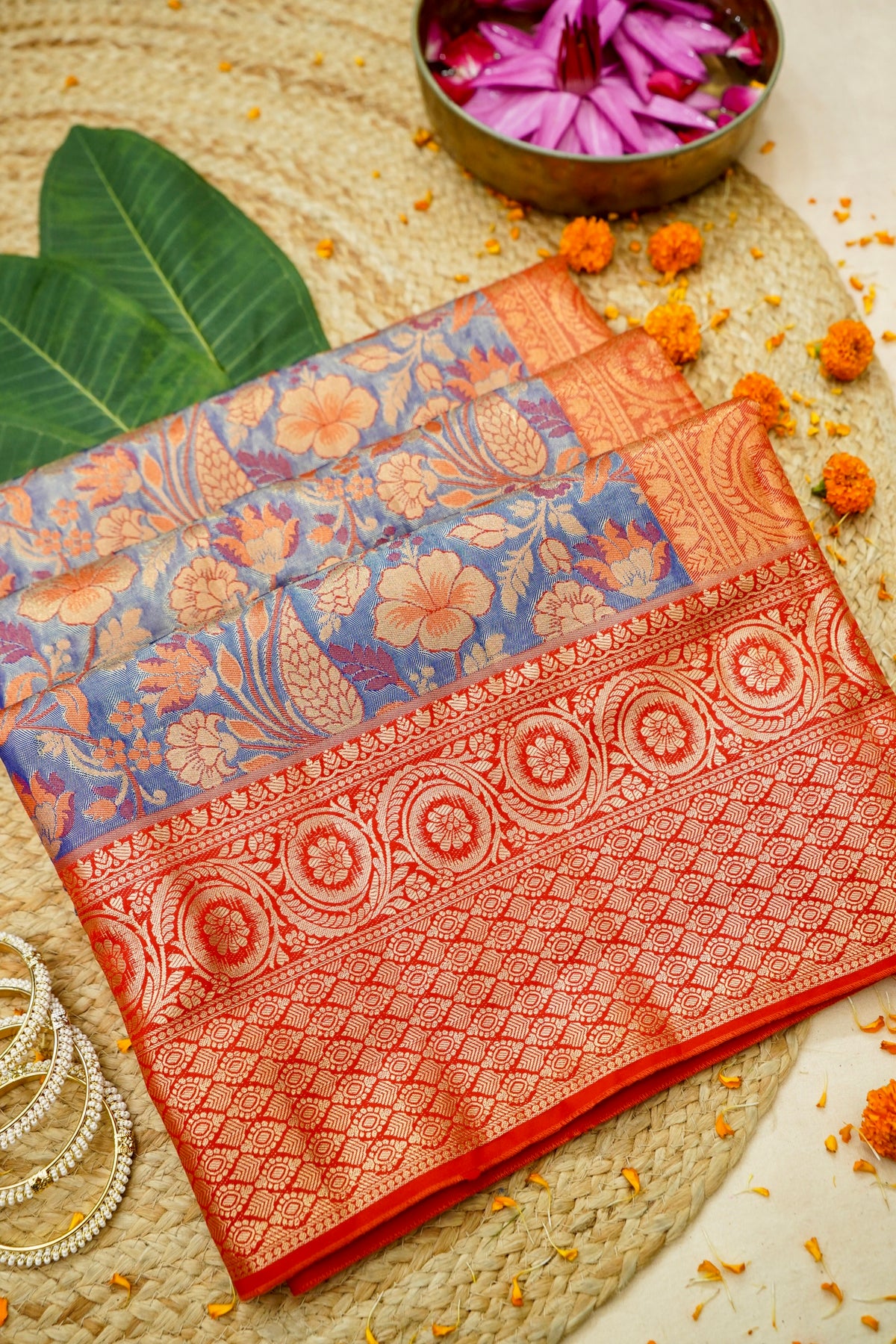 Sharvi - Coral Red and Powder Blue Dharmavaram Silk Saree