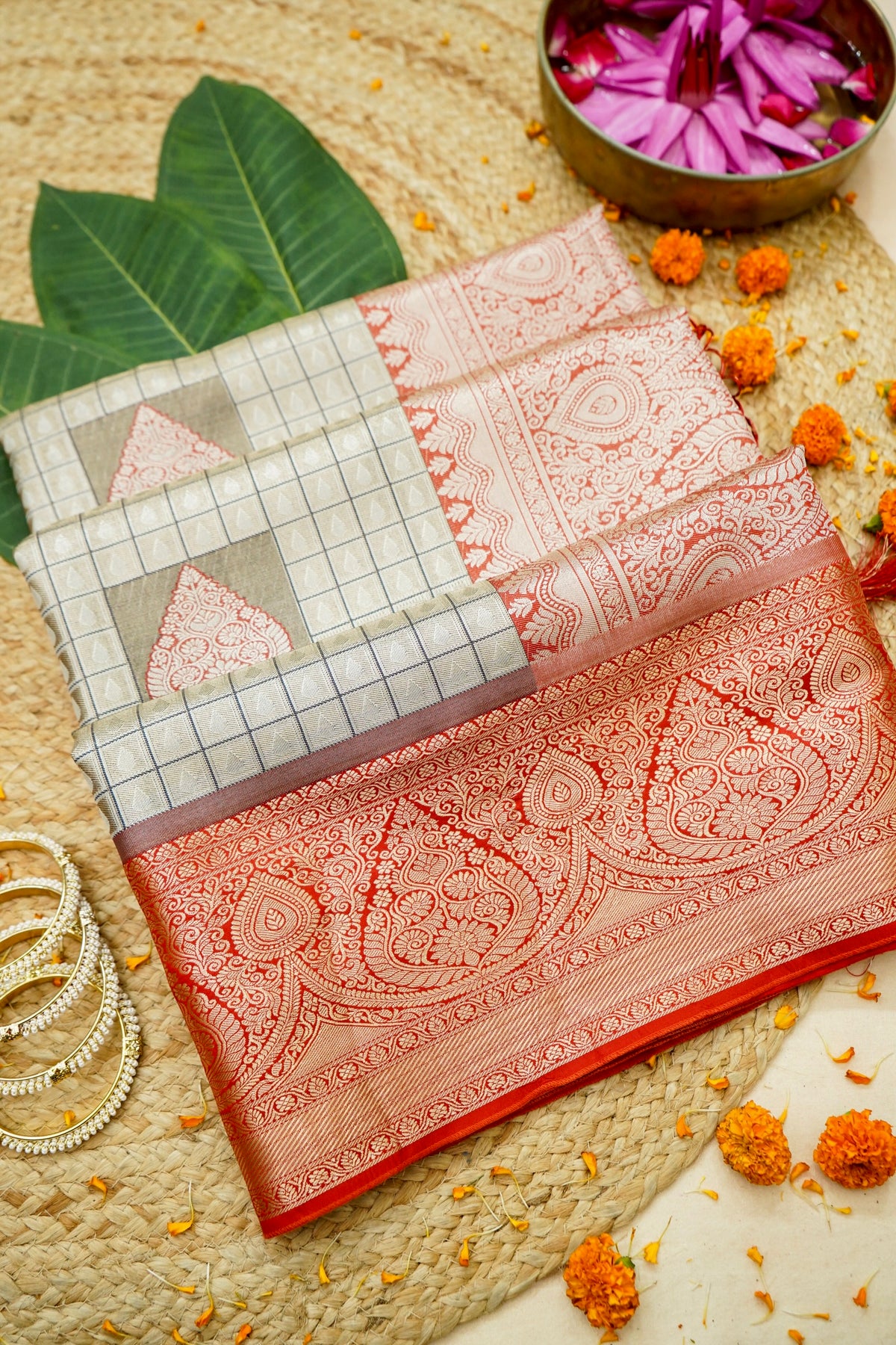 Sharvi - Coral Red and Ivory Dharmavaram Silk Saree