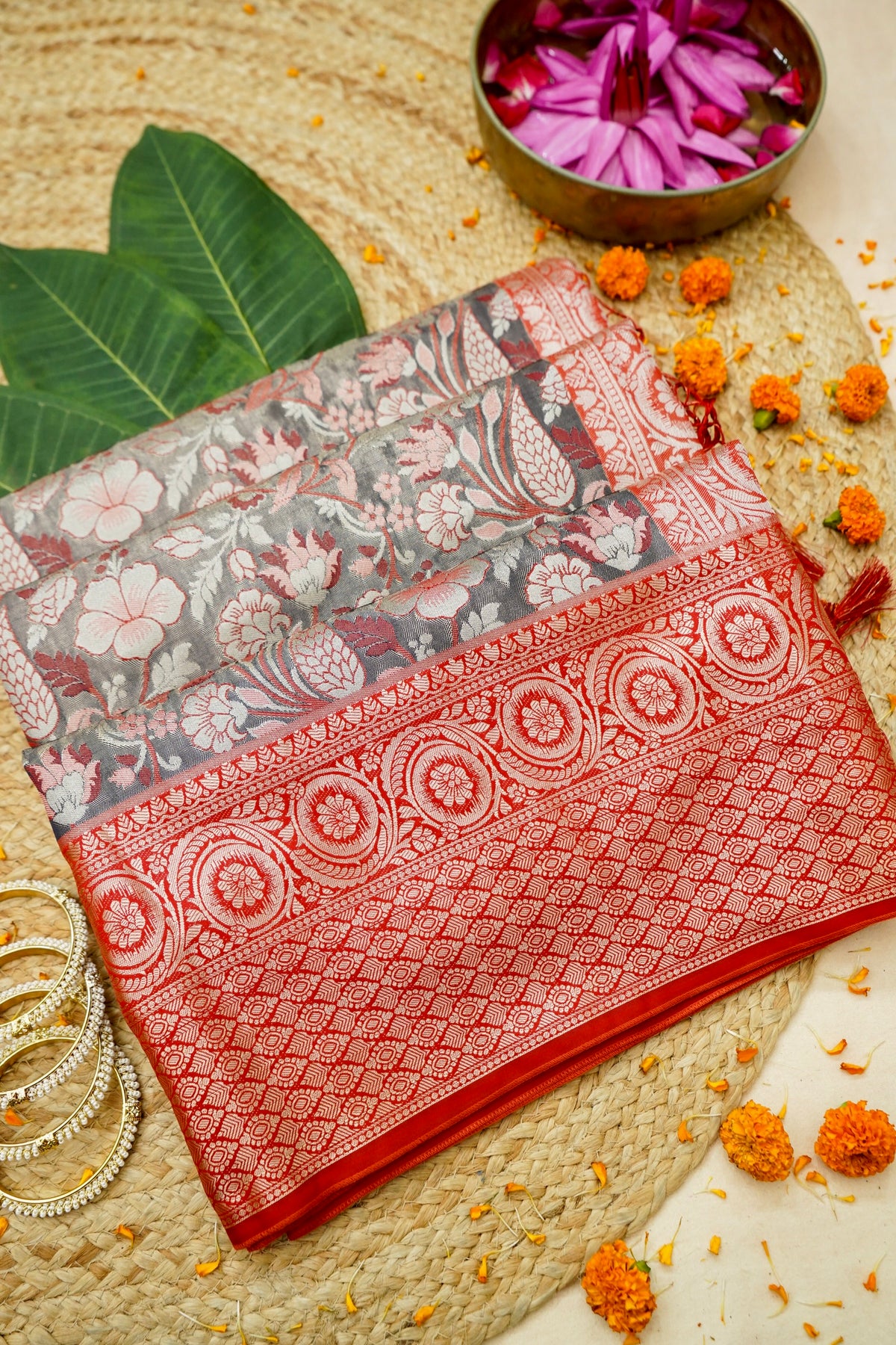 Sharvi - Crimson Red and Charcoal Grey Dharmavaram Silk Saree