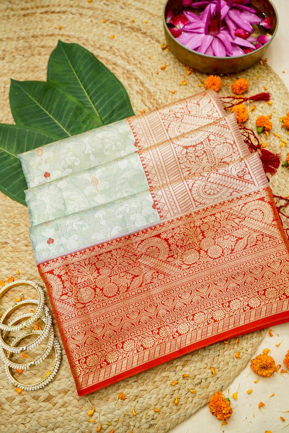 Sharvi - Coral Red and Mint Green Dharmavaram Silk Saree