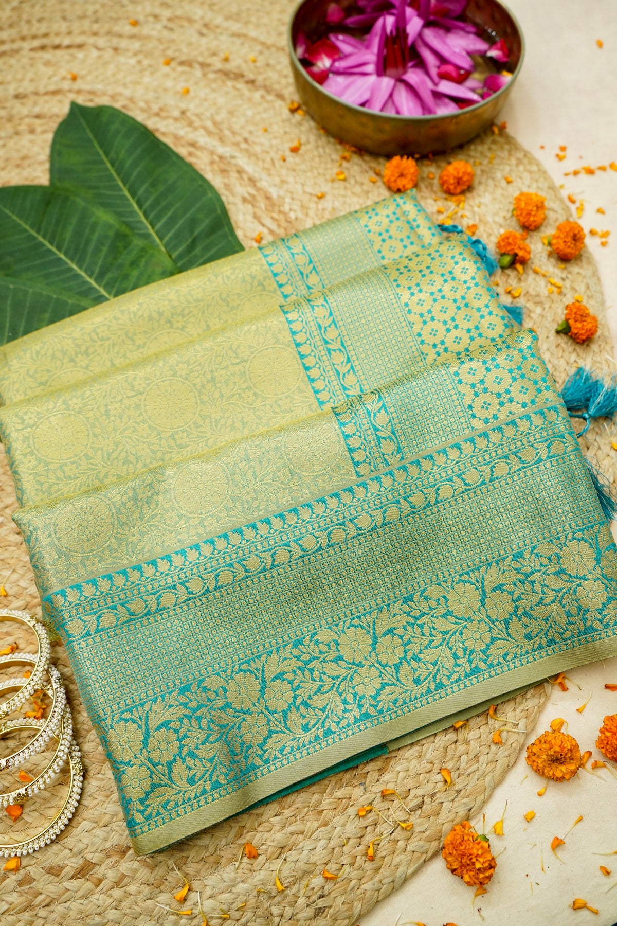 Sharvi - Turquoise and Mint Green Dharmavaram Silk Saree