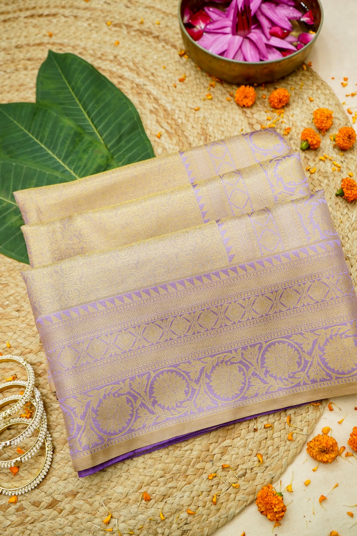 Sharvi - Lavender and Champagne Gold Dharmavaram Silk Saree