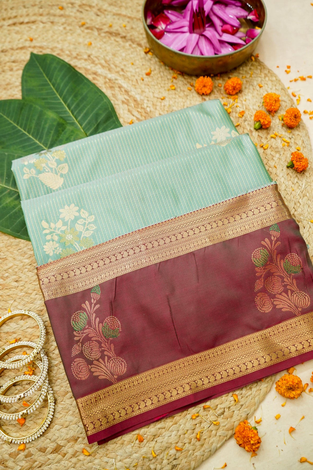 Devyani - Seafoam Mint Kanjivaram Silk Saree with Wine Korvai Border