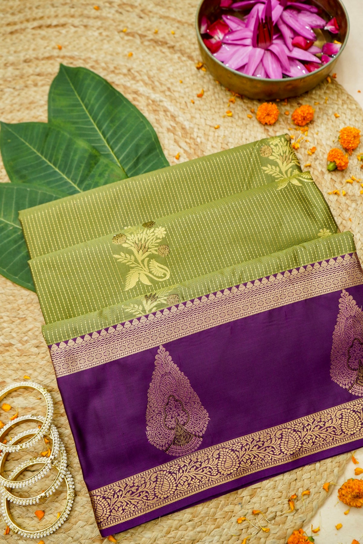 Devyani - Olive Green Kanjivaram Silk Saree with Purple Korvai Border