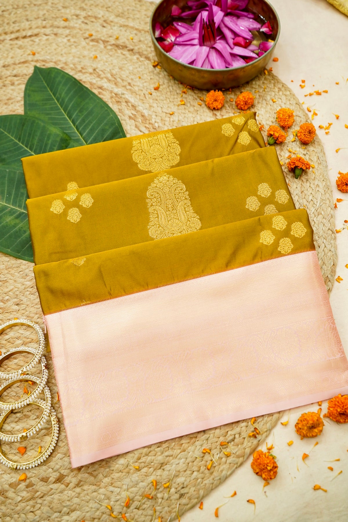 Devyani - Mustard Gold Vintage Style Kanjivaram Silk Saree with Blush Pink Korvai Border