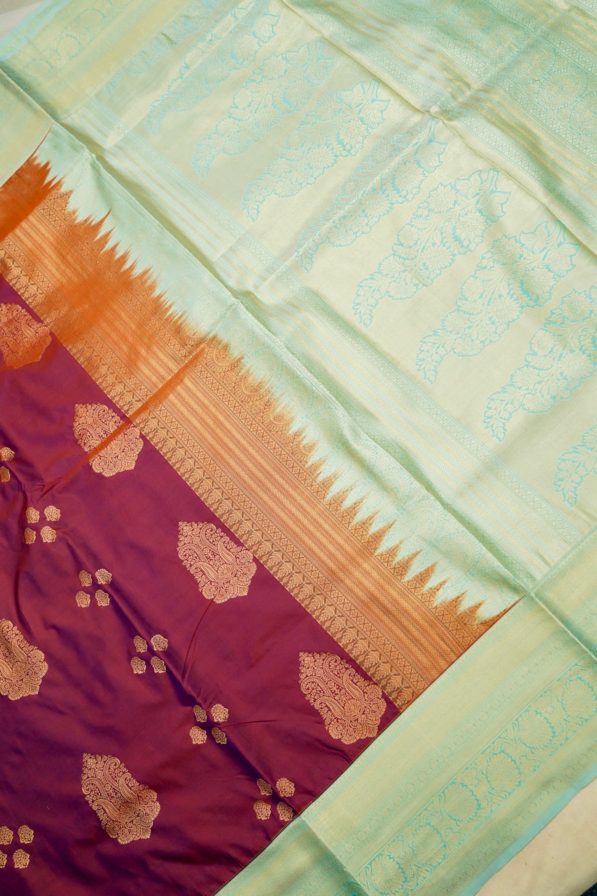 Devyani - Mauve Vintage Style Kanjivaram Silk Saree with Seafoam Green Korvai Border