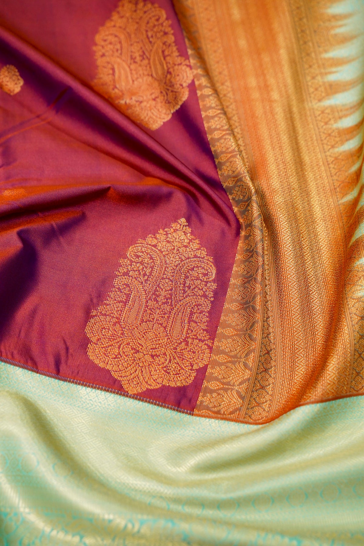 Devyani - Mauve Vintage Style Kanjivaram Silk Saree with Seafoam Green Korvai Border