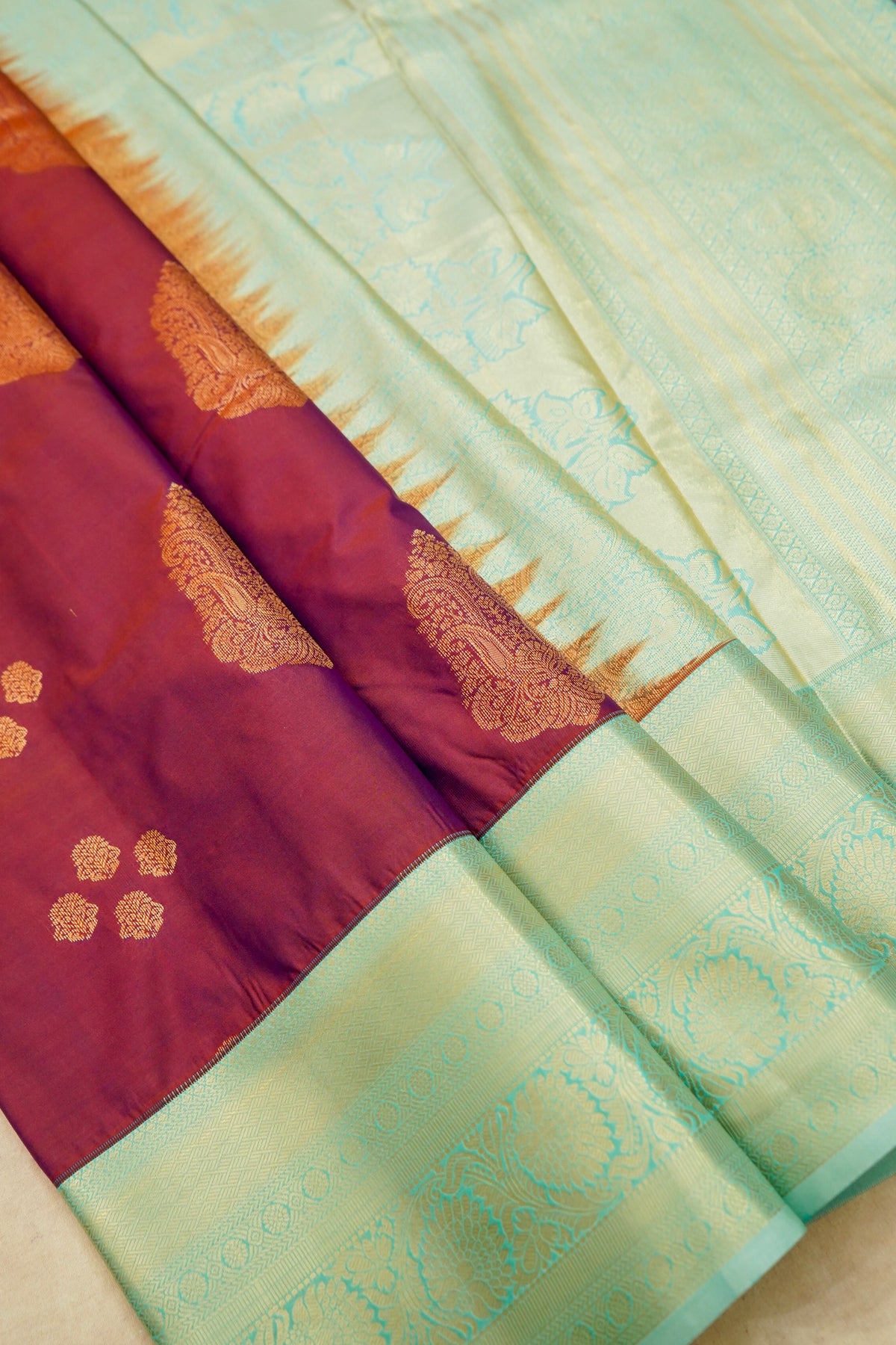 Devyani - Mauve Vintage Style Kanjivaram Silk Saree with Seafoam Green Korvai Border