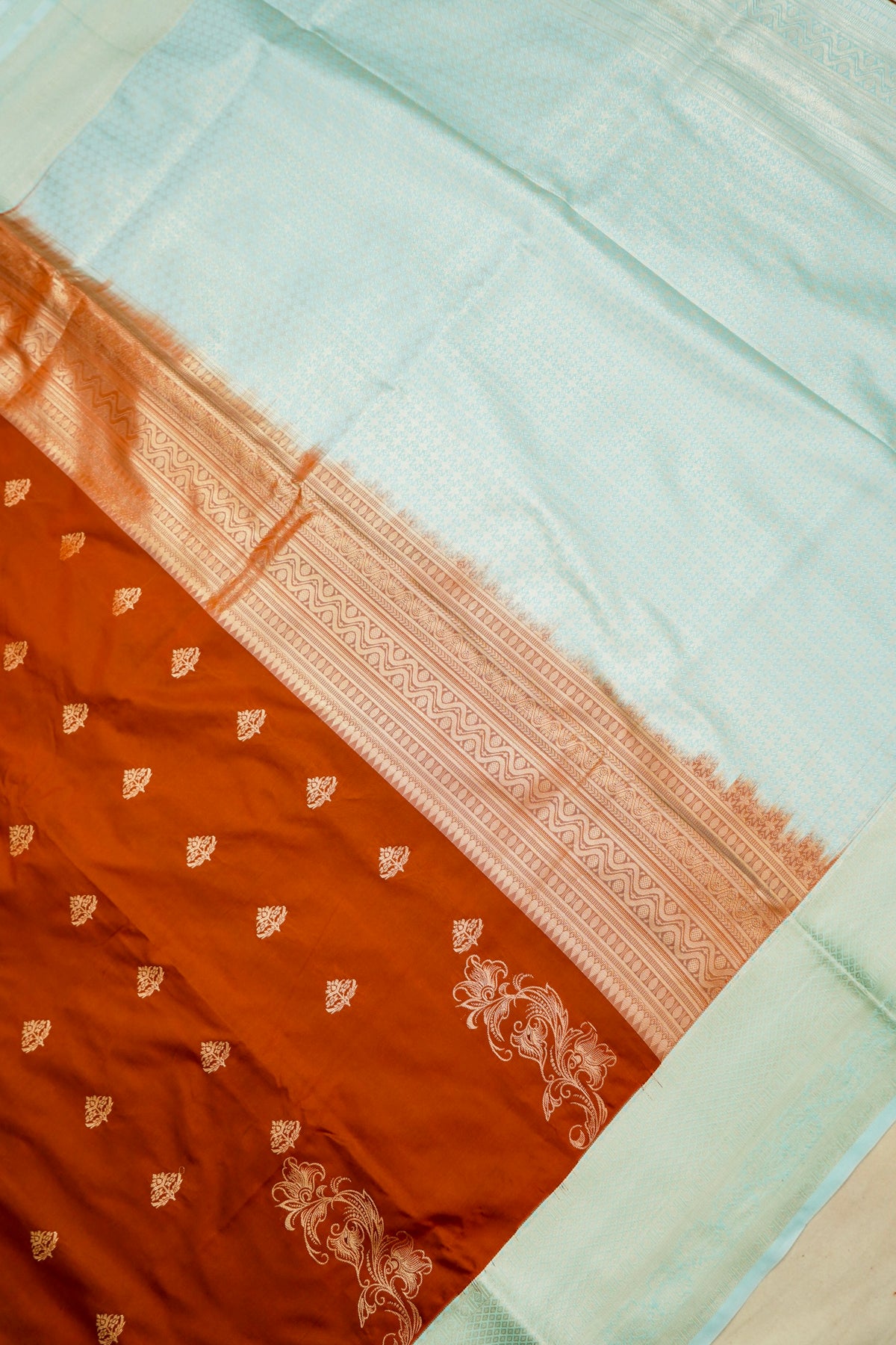Devyani - Burnt Orange Vintage Style Kanjivaram Silk Saree with Ice Blue Korvai Border