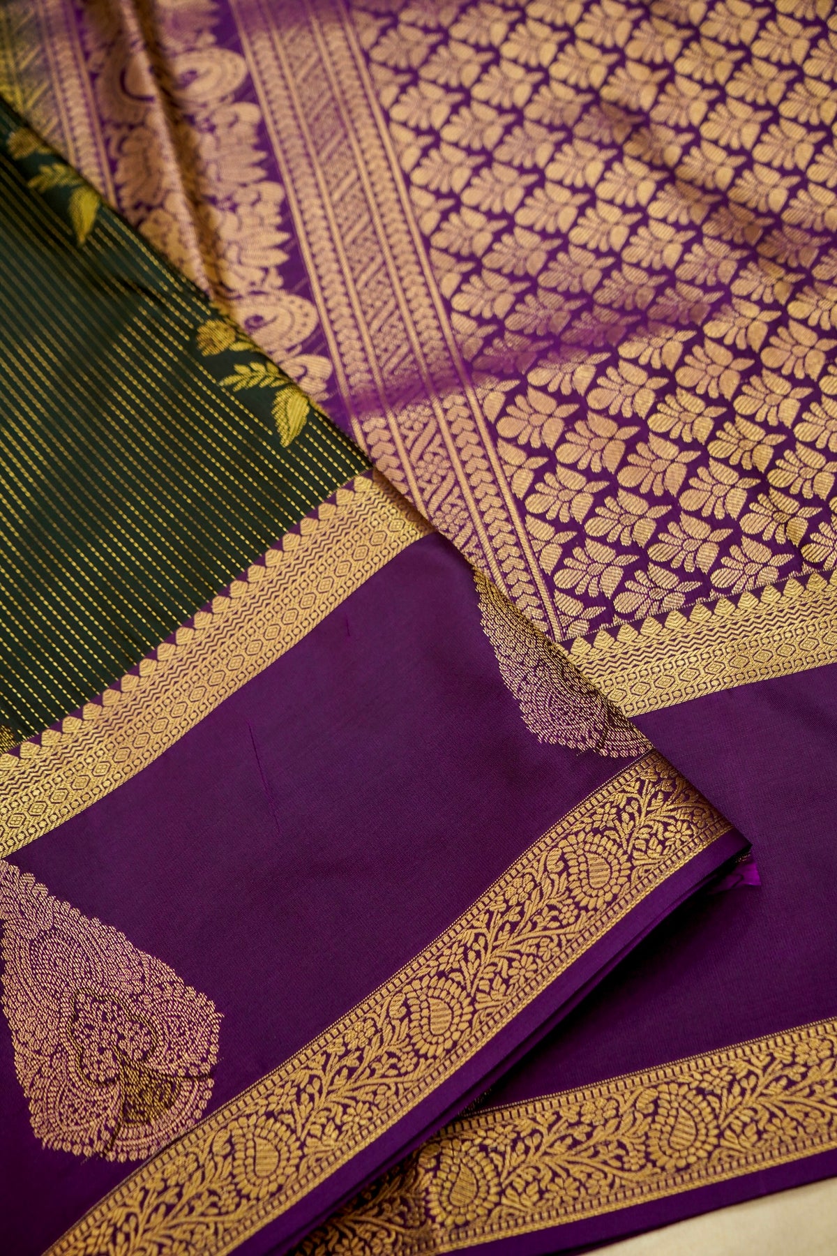 Devyani - Black Kanjivaram Silk Saree with Royal Purple Korvai Border