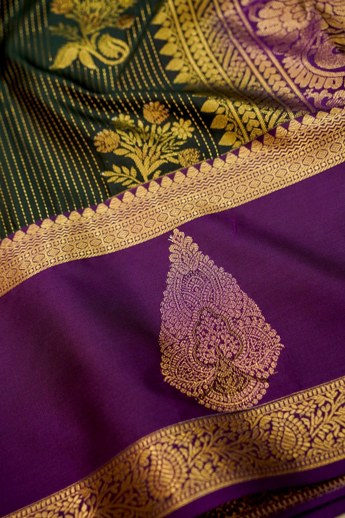 Devyani - Black Kanjivaram Silk Saree with Royal Purple Korvai Border