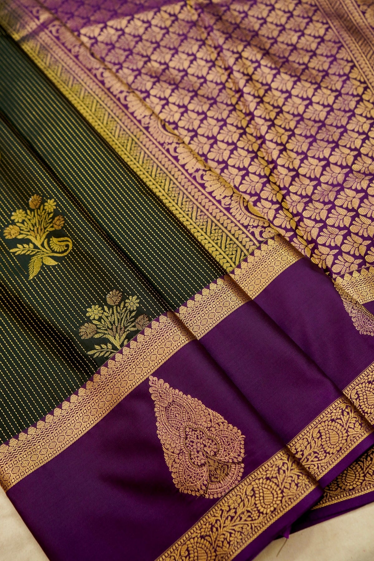 Devyani - Black Kanjivaram Silk Saree with Royal Purple Korvai Border