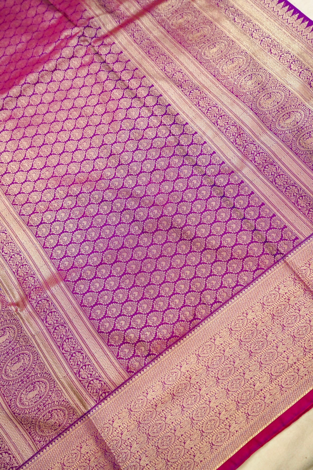 Devyani - Violet Vintage Style Kanjivaram Silk Saree with Magenta Pink Korvai Border