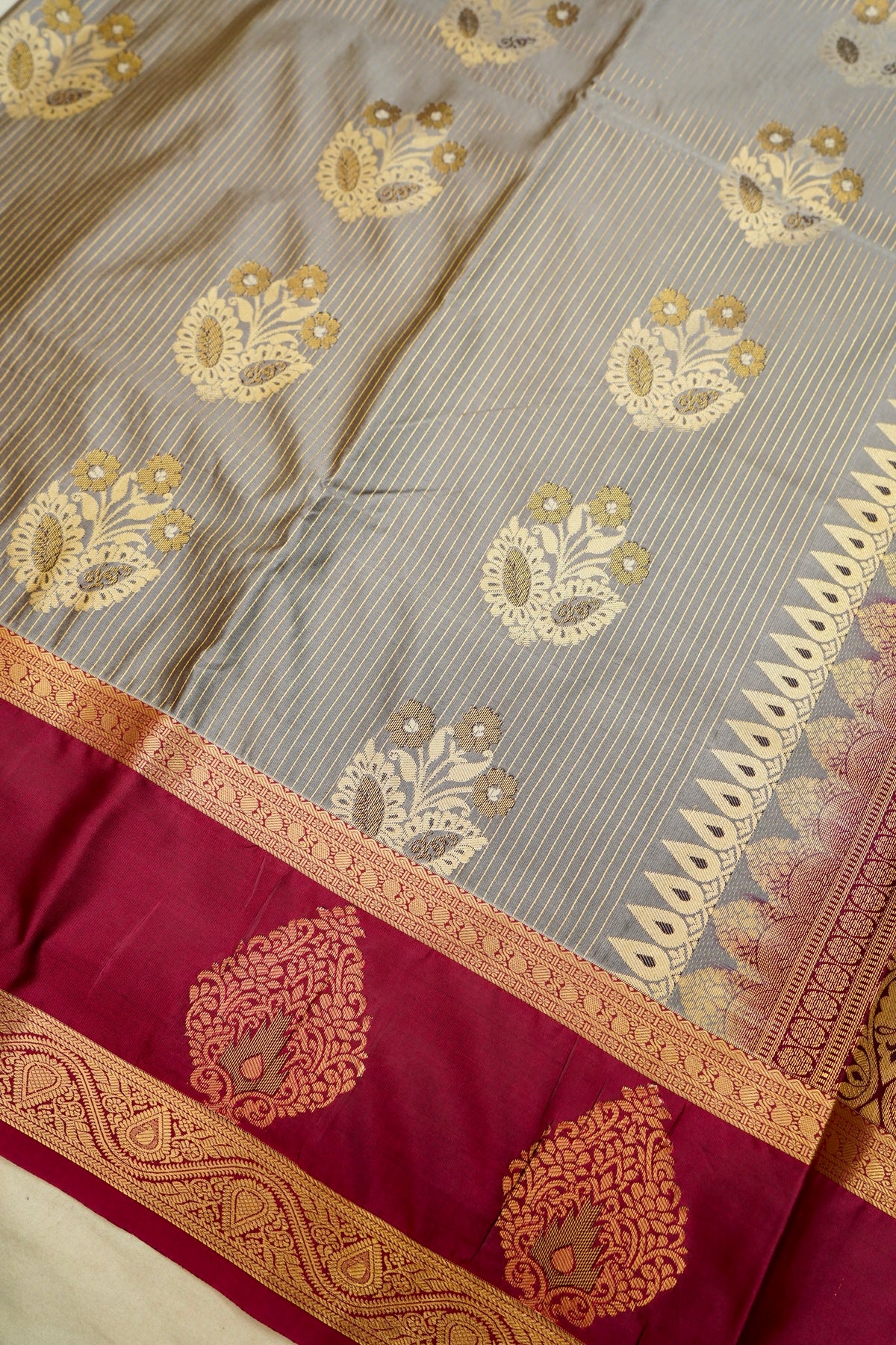 Devyani - Silver Grey Kanjivaram Silk Saree with Magenta Korvai Border