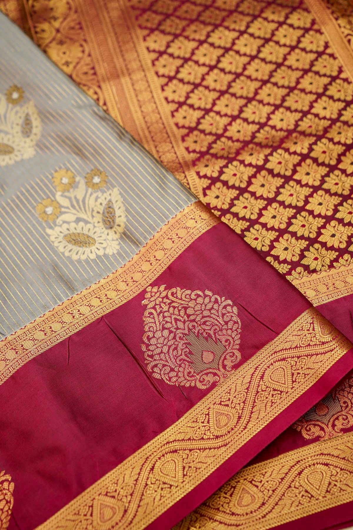 Devyani - Silver Grey Kanjivaram Silk Saree with Magenta Korvai Border