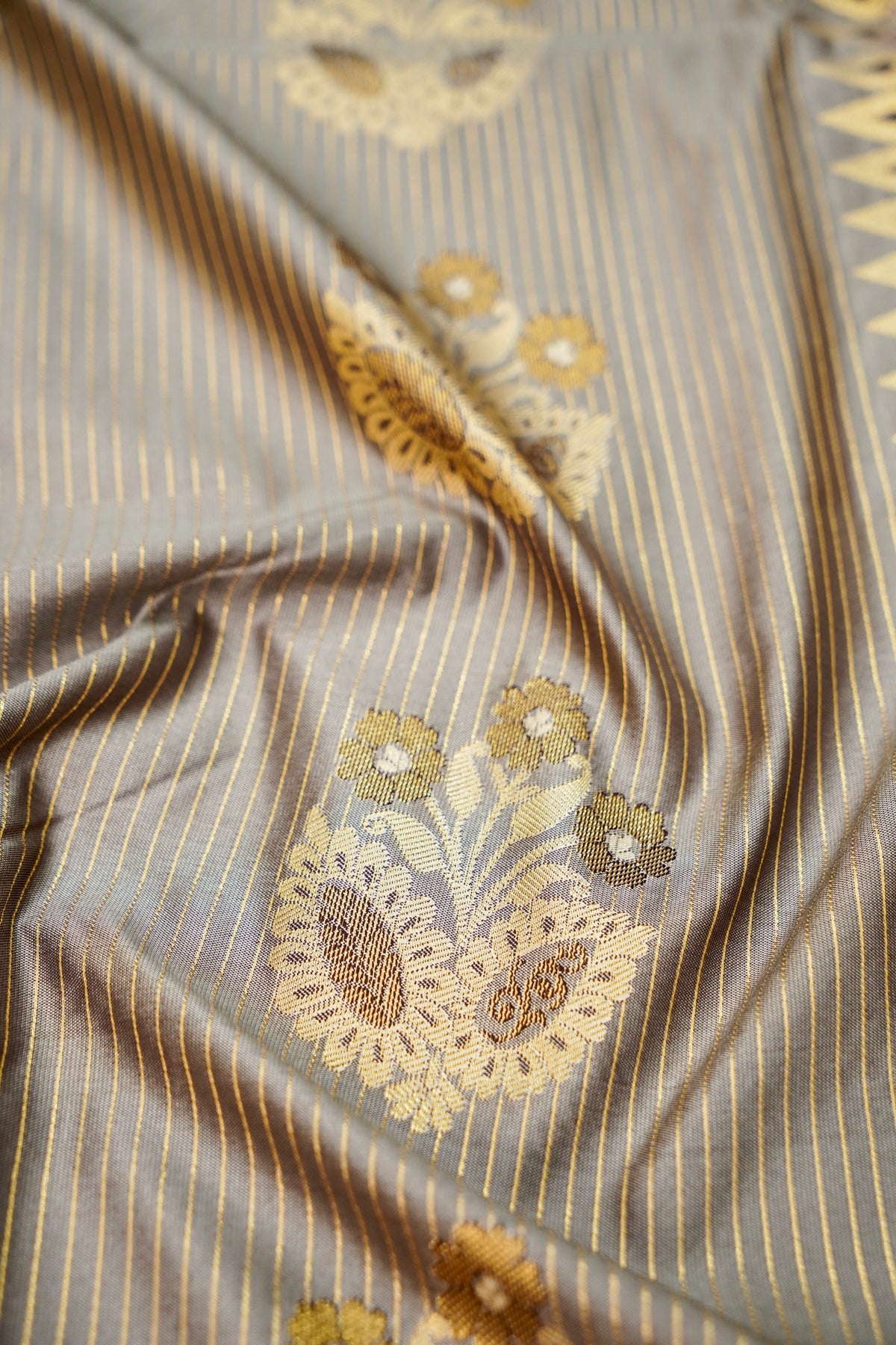 Devyani - Silver Grey Kanjivaram Silk Saree with Magenta Korvai Border