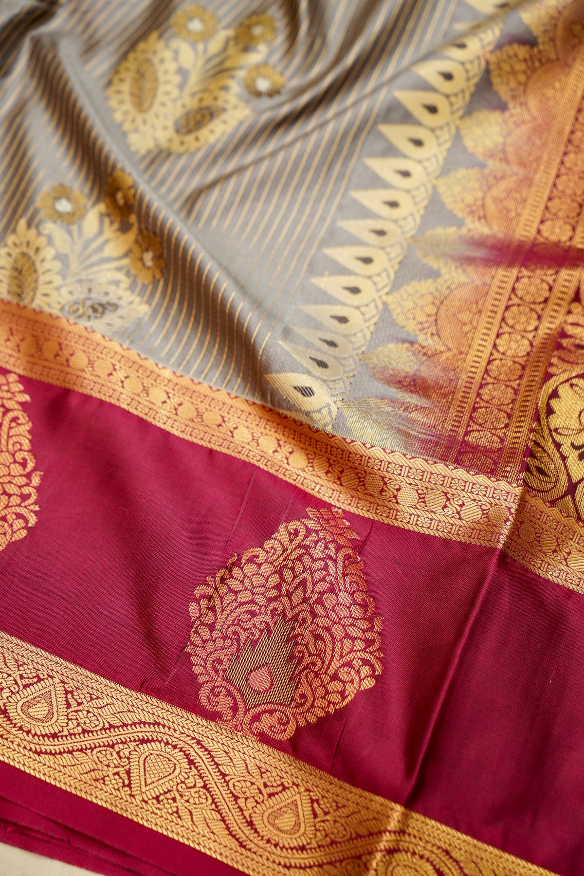 Devyani - Silver Grey Kanjivaram Silk Saree with Magenta Korvai Border