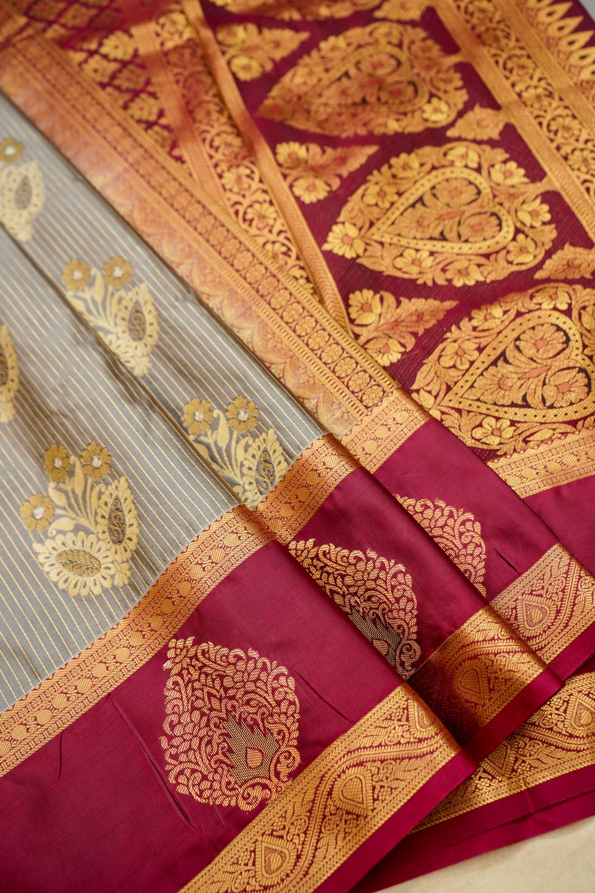 Devyani - Silver Grey Kanjivaram Silk Saree with Magenta Korvai Border