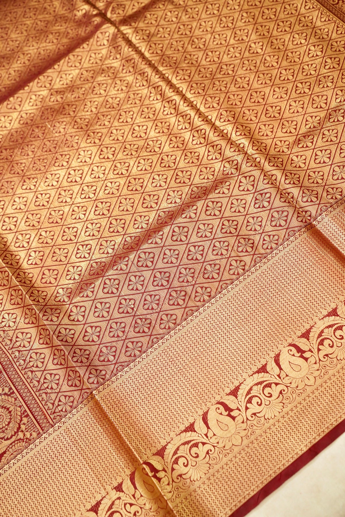 Devyani - Powder Blue Kanchi Pattu Silk Saree with Deep Maroon Korvai Border