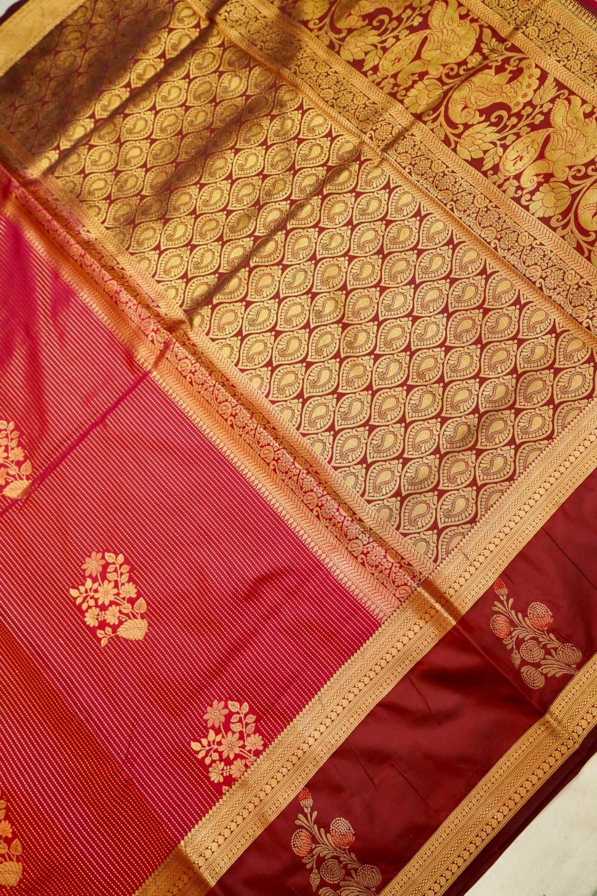 Devyani - Ruby Red Kanjivaram Silk Saree with Maroon Korvai Border