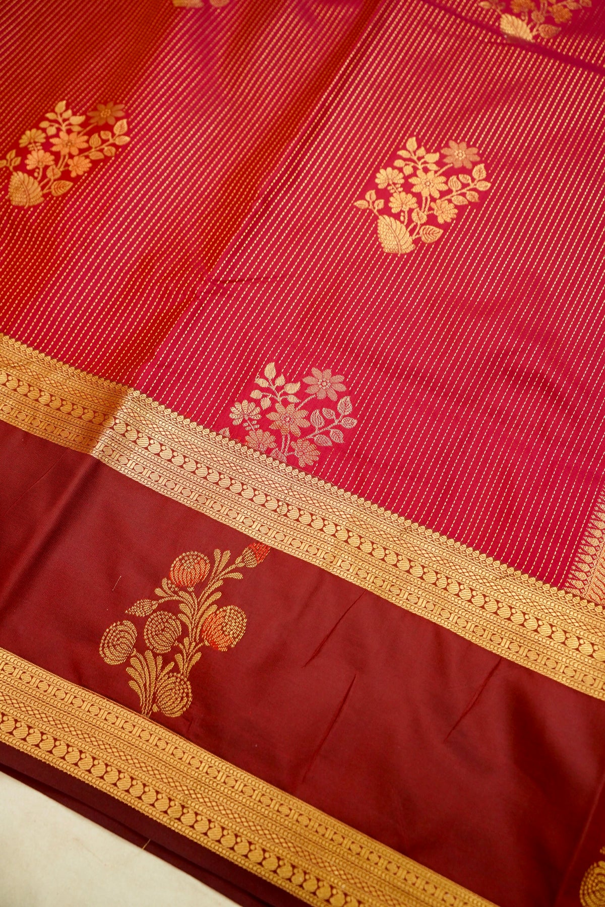 Devyani - Ruby Red Kanjivaram Silk Saree with Maroon Korvai Border
