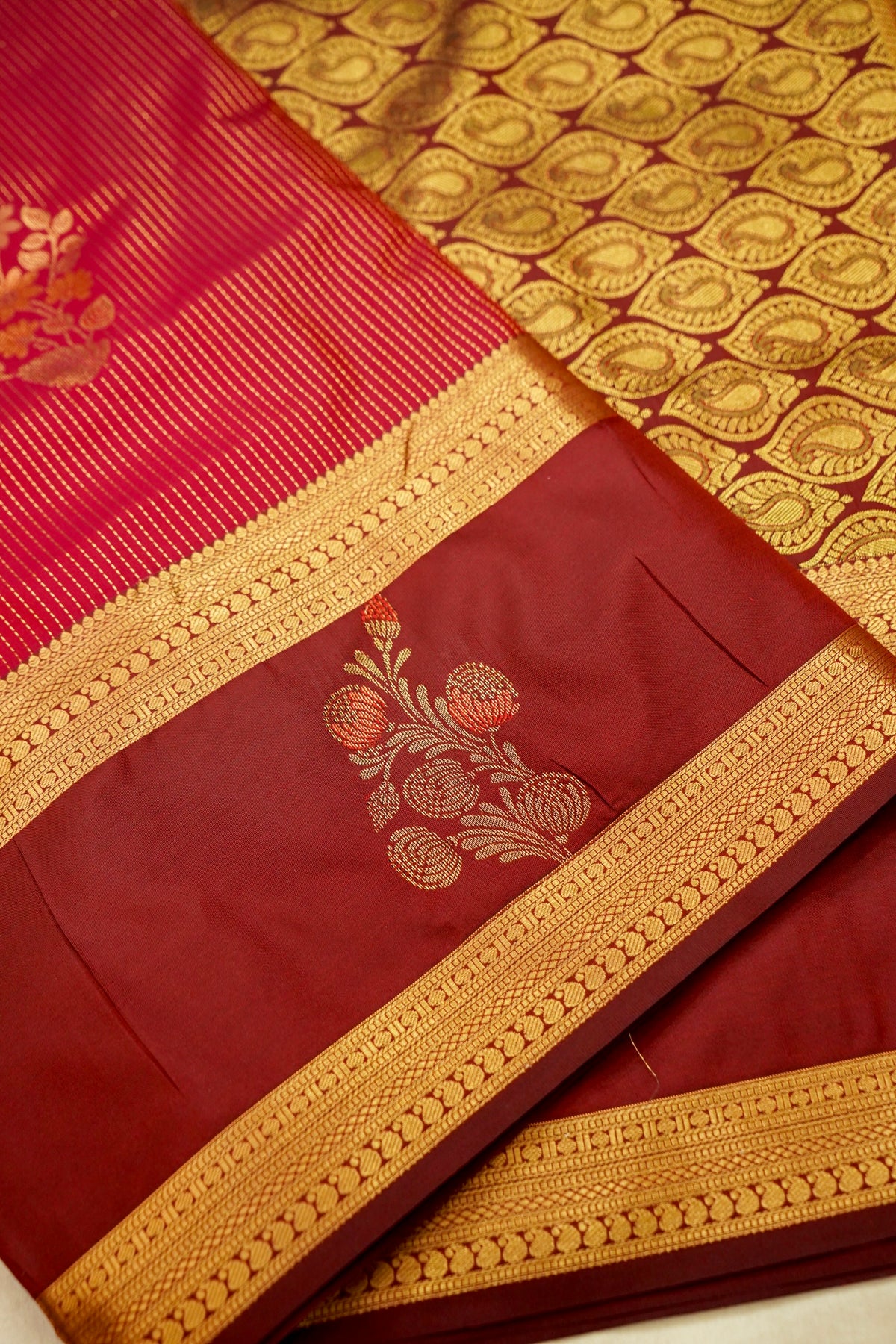 Devyani - Ruby Red Kanjivaram Silk Saree with Maroon Korvai Border