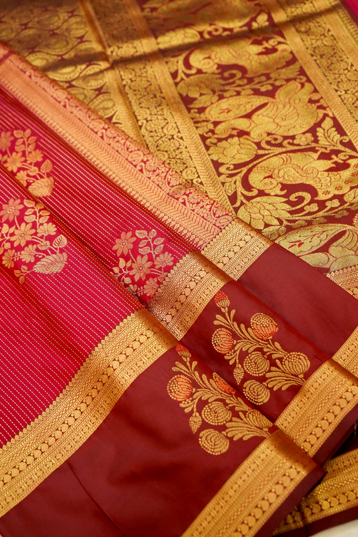 Devyani - Ruby Red Kanjivaram Silk Saree with Maroon Korvai Border