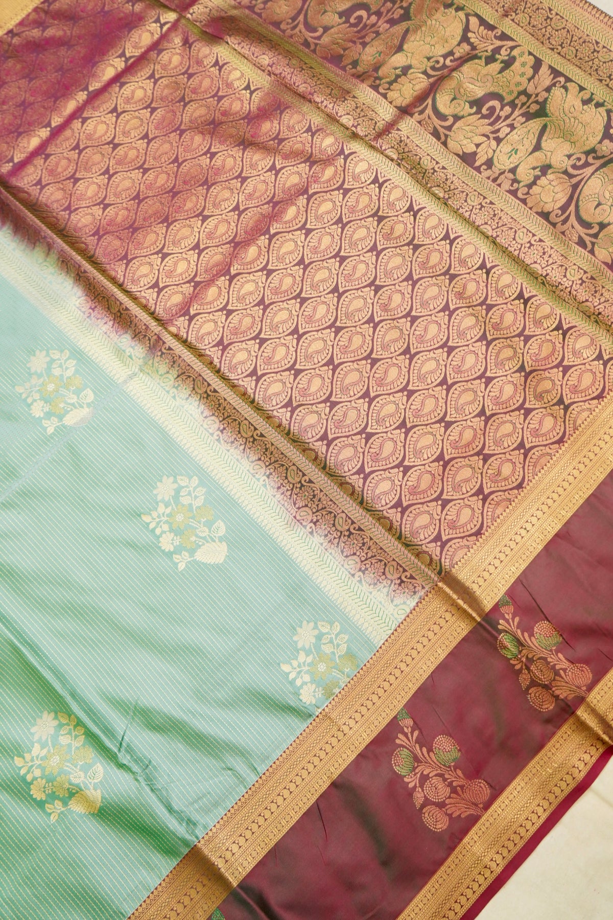 Devyani - Seafoam Mint Kanjivaram Silk Saree with Wine Korvai Border