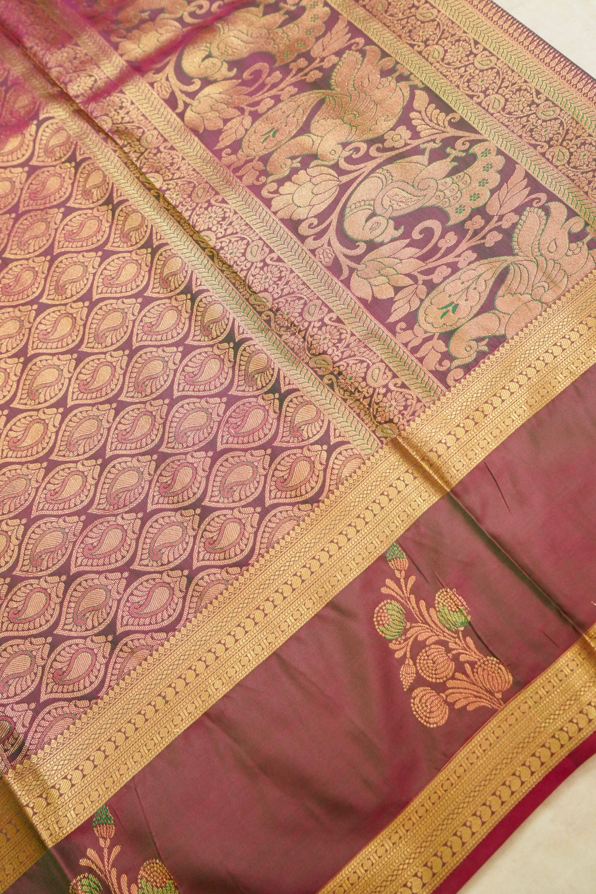 Devyani - Seafoam Mint Kanjivaram Silk Saree with Wine Korvai Border