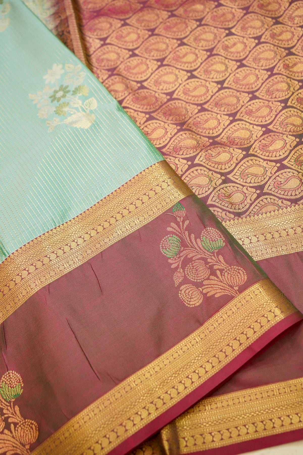 Devyani - Seafoam Mint Kanjivaram Silk Saree with Wine Korvai Border