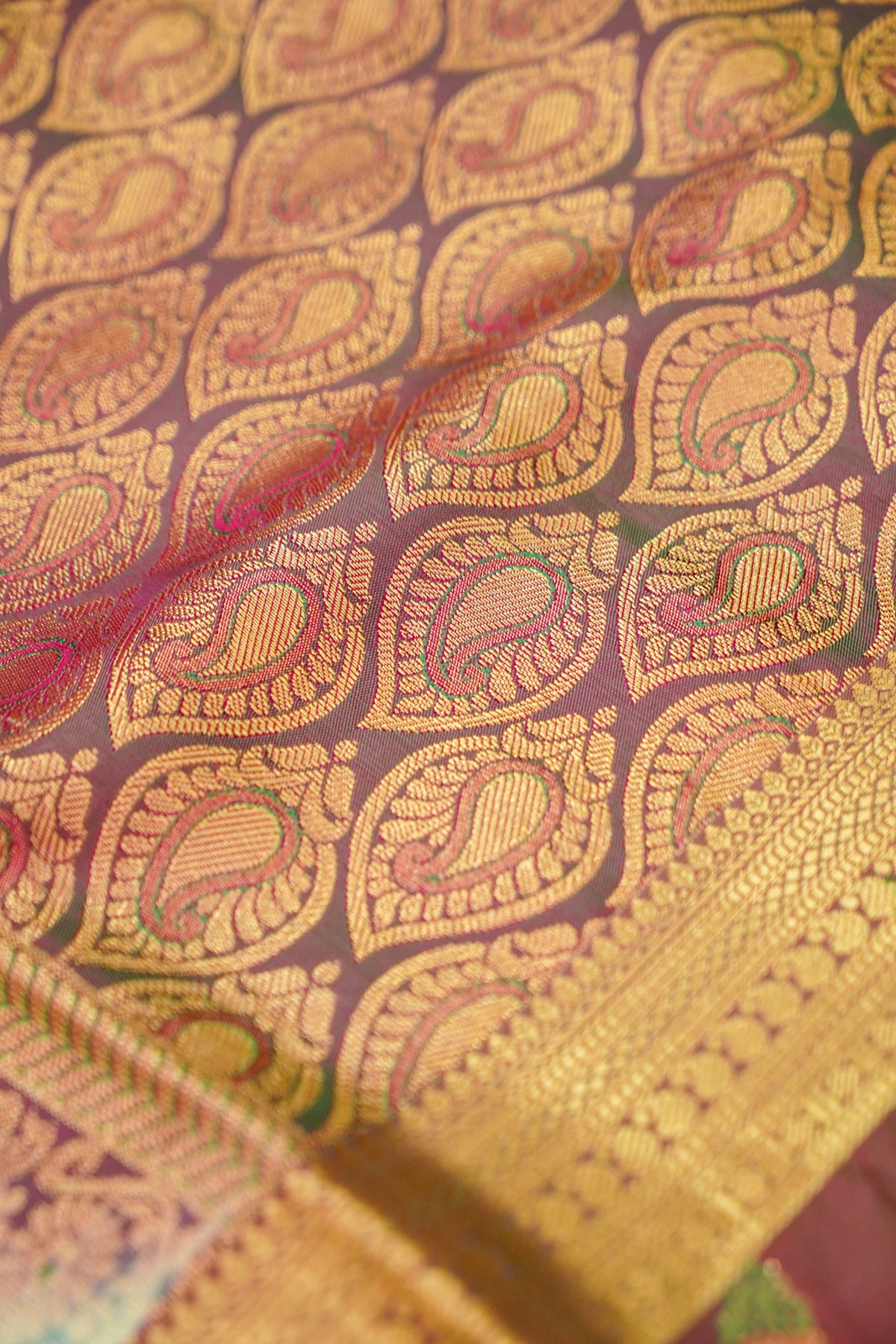 Devyani - Seafoam Mint Kanjivaram Silk Saree with Wine Korvai Border