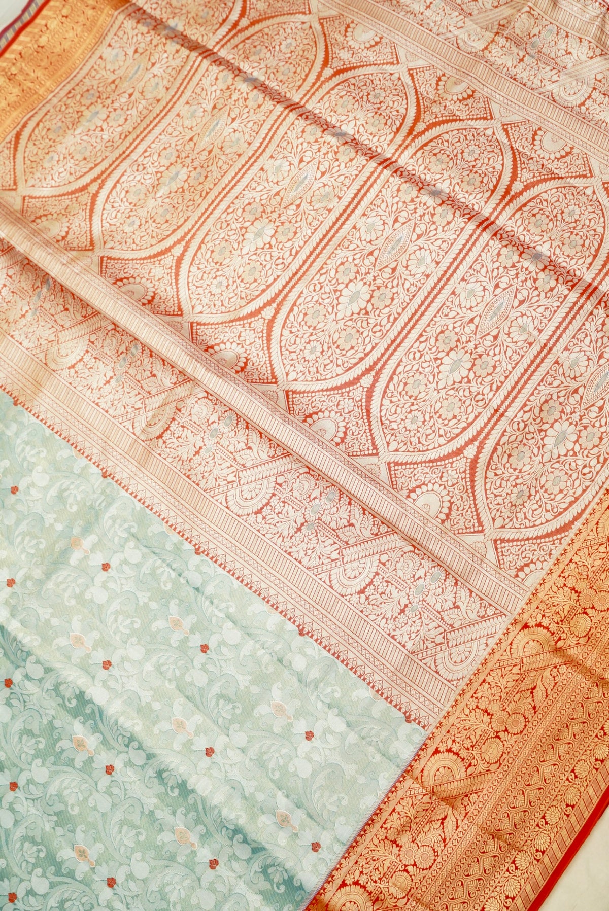 Sharvi - Coral Red and Mint Green Dharmavaram Silk Saree