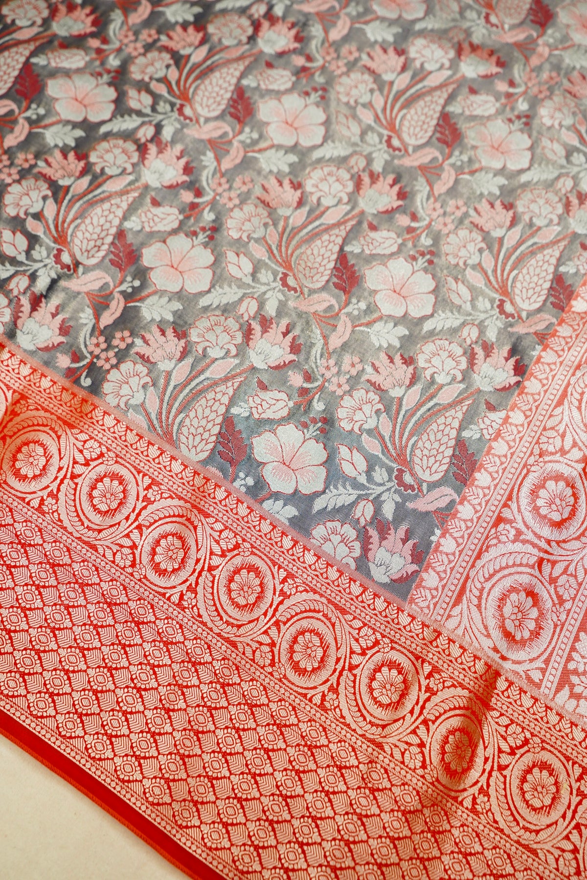 Sharvi - Crimson Red and Charcoal Grey Dharmavaram Silk Saree