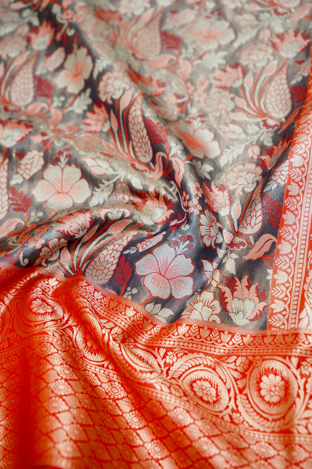 Sharvi - Crimson Red and Charcoal Grey Dharmavaram Silk Saree