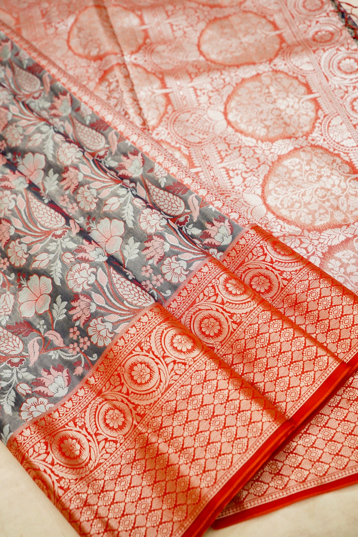 Sharvi - Crimson Red and Charcoal Grey Dharmavaram Silk Saree
