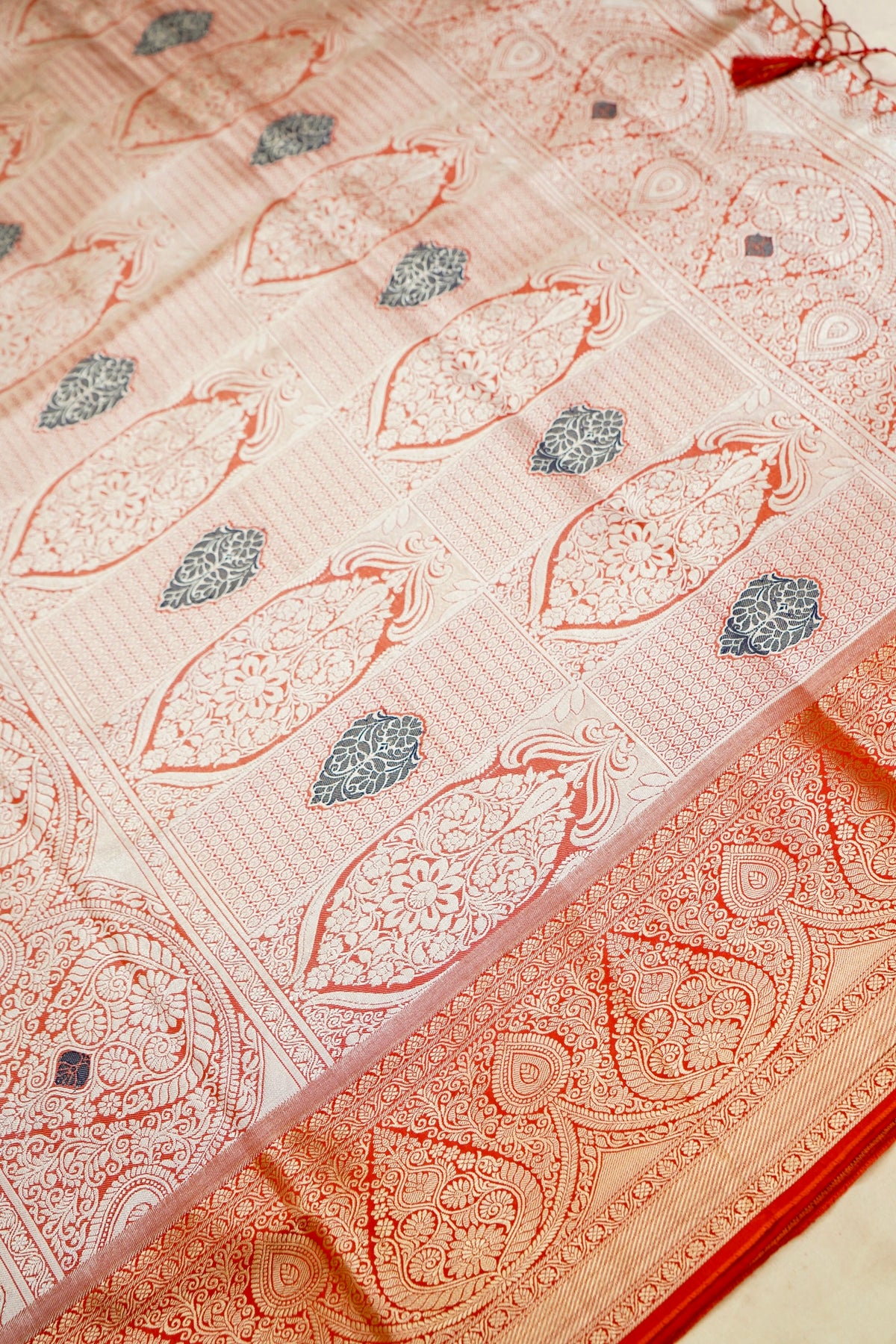 Sharvi - Coral Red and Ivory Dharmavaram Silk Saree