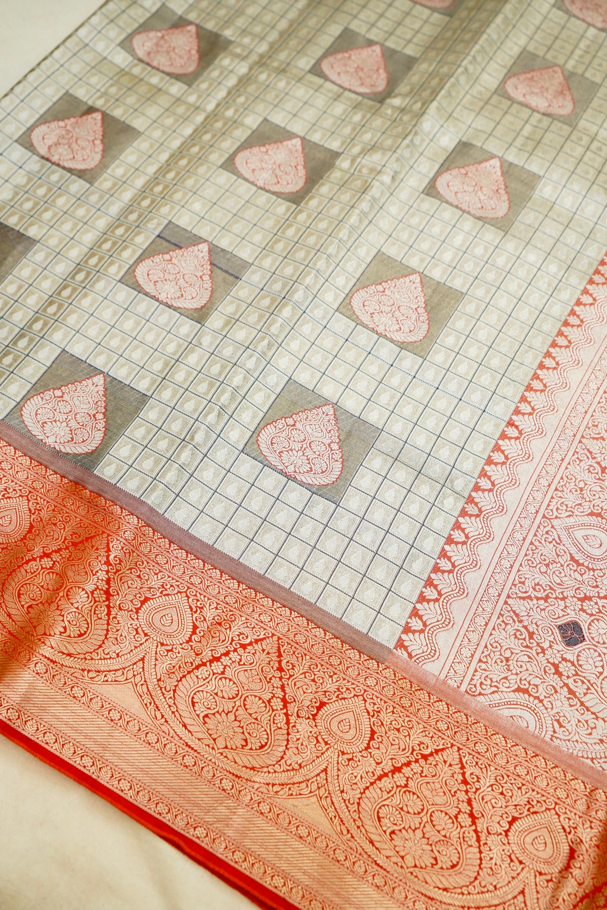 Sharvi - Coral Red and Ivory Dharmavaram Silk Saree
