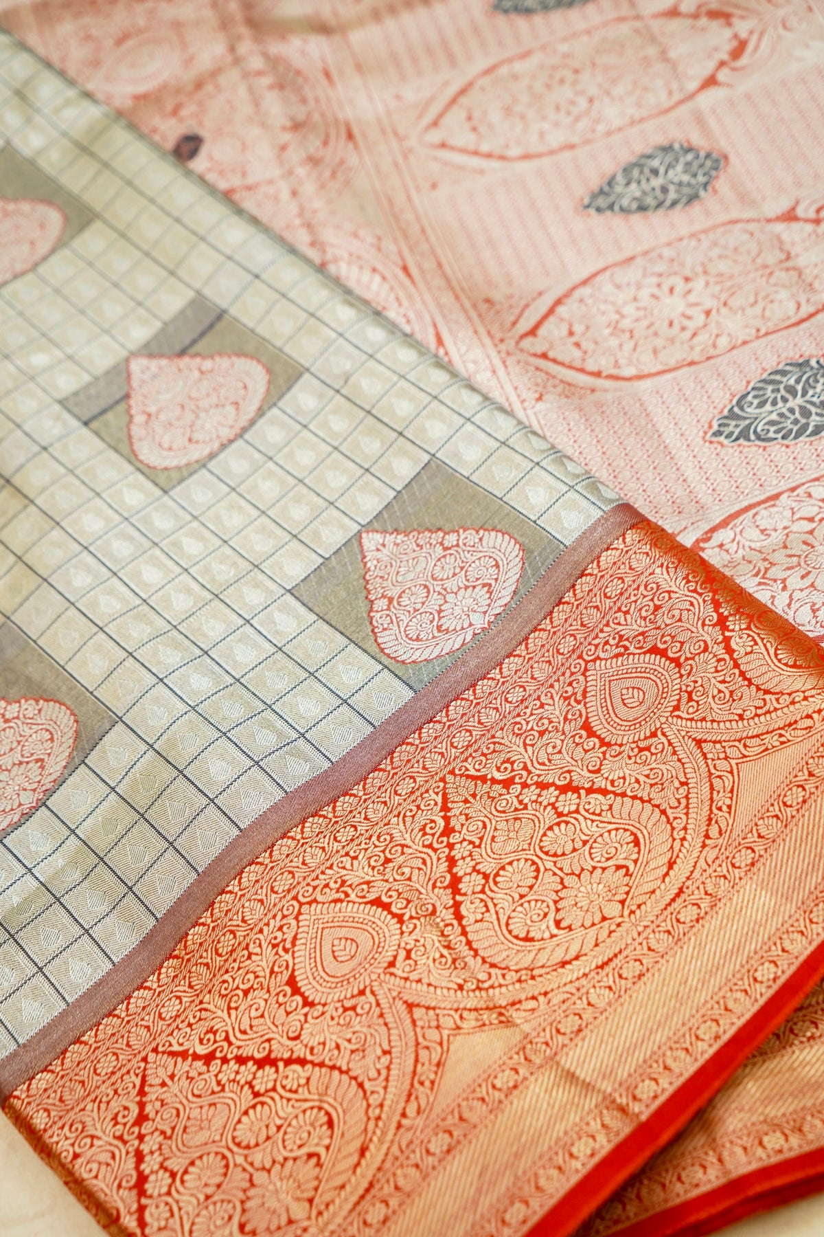 Sharvi - Coral Red and Ivory Dharmavaram Silk Saree