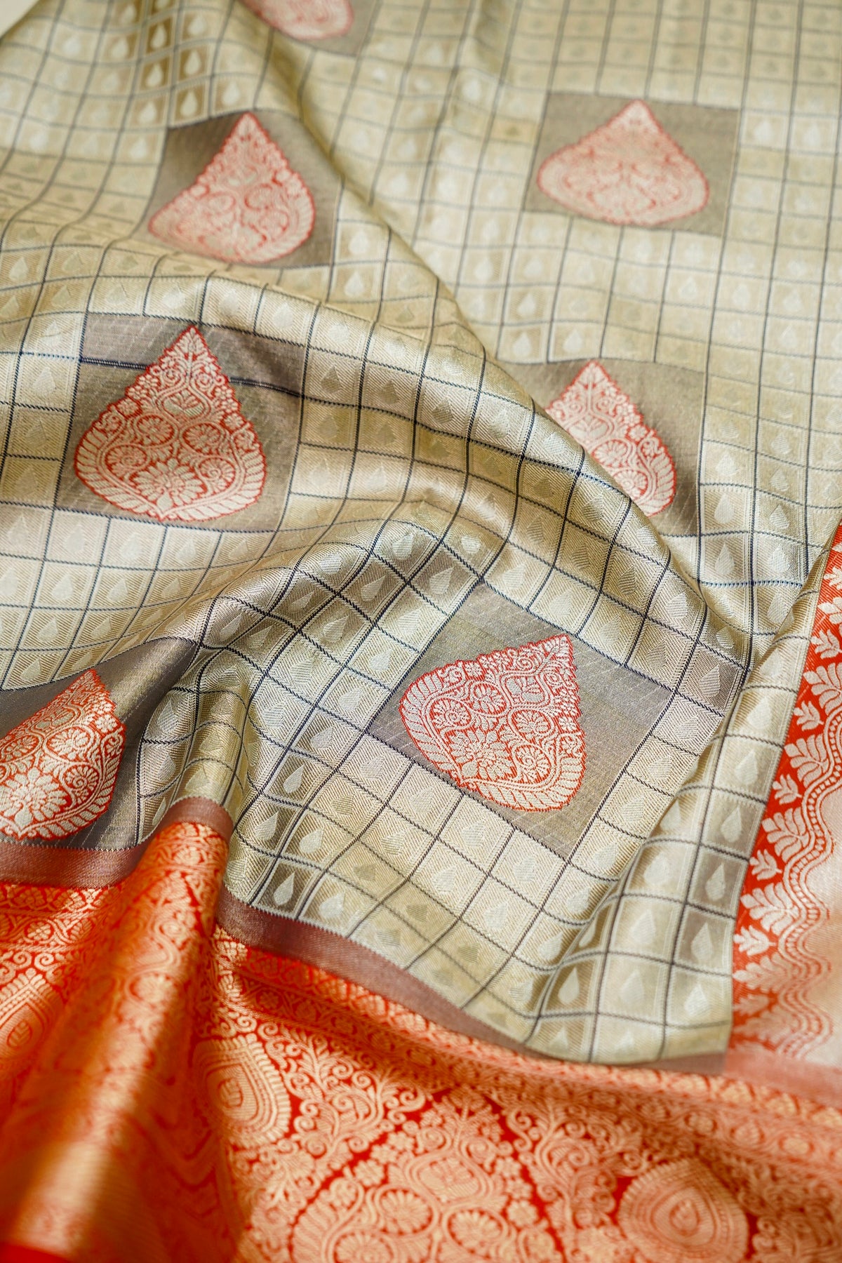 Sharvi - Coral Red and Ivory Dharmavaram Silk Saree