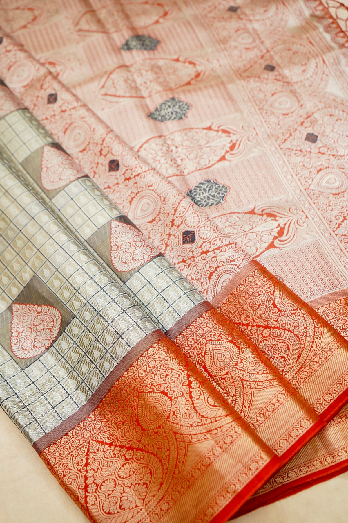 Sharvi - Coral Red and Ivory Dharmavaram Silk Saree