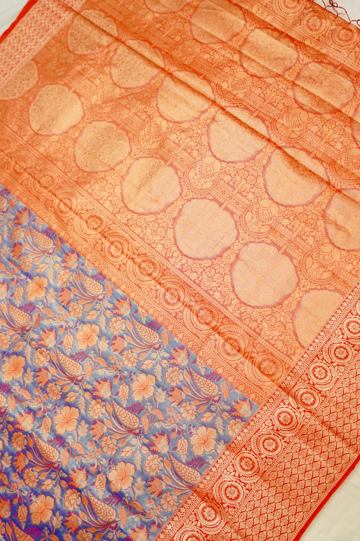 Sharvi - Coral Red and Powder Blue Dharmavaram Silk Saree